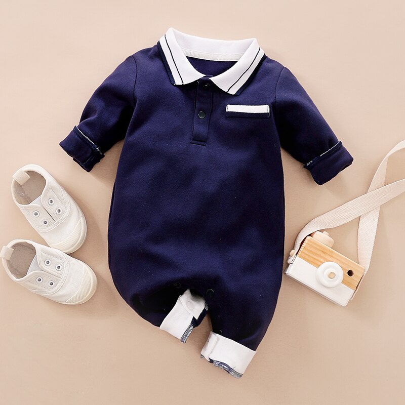 PatPat Spring and Autumn Baby Boy Cotton Style Gentleman Polo Collar Baby Rompers Solid Long-sleeve Jumpsuit Baby Boy Rompers