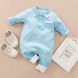 PatPat Spring and Autumn Baby Boy Cotton Style Gentleman Polo Collar Baby Rompers Solid Long-sleeve Jumpsuit Baby Boy Rompers