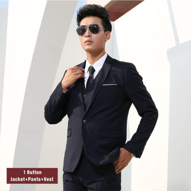 Men Suits Slim Fit Business Formal Casual Classic Suit Wedding Groom Party Prom Single Breasted Solid Color Black Gray Navy Blue
