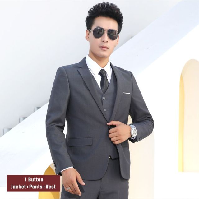 Men Suits Slim Fit Business Formal Casual Classic Suit Wedding Groom Party Prom Single Breasted Solid Color Black Gray Navy Blue