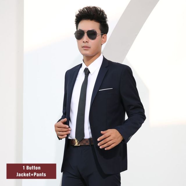 Men Suits Slim Fit Business Formal Casual Classic Suit Wedding Groom Party Prom Single Breasted Solid Color Black Gray Navy Blue