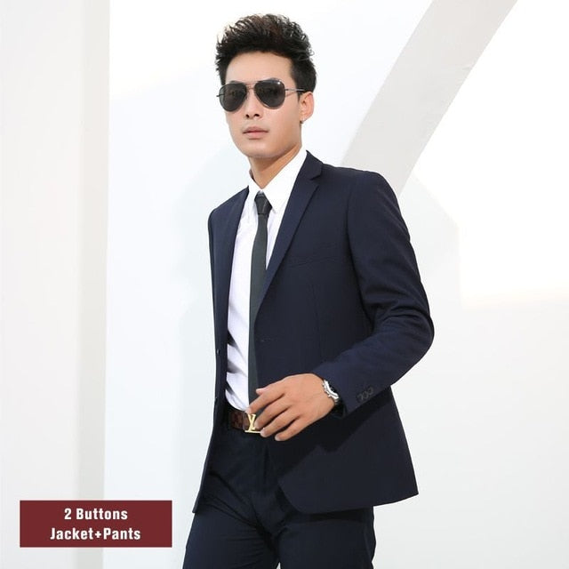 Men Suits Slim Fit Business Formal Casual Classic Suit Wedding Groom Party Prom Single Breasted Solid Color Black Gray Navy Blue