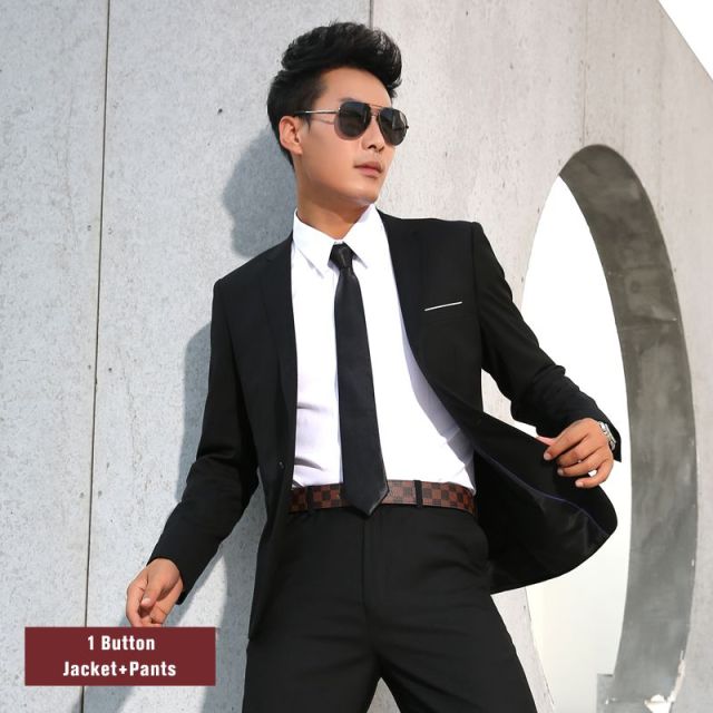 Men Suits Slim Fit Business Formal Casual Classic Suit Wedding Groom Party Prom Single Breasted Solid Color Black Gray Navy Blue
