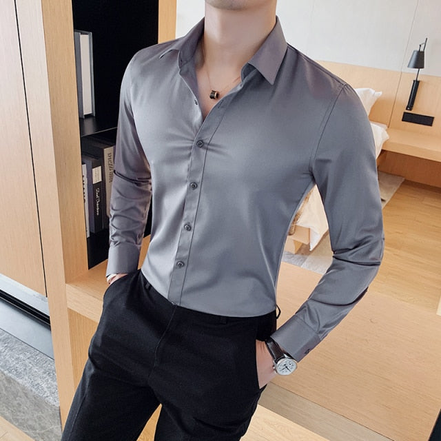 British Style New Solid Shirt Men Long Sleeve Fashion 2021 Autumn Business Formal Wear Men Shirts Slim Fit Casual Blouse Men 4XL