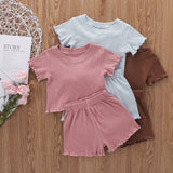 2Pcs Fashion New Toddler Summer Suit Solid Color Ribbed O-Neck Short Sleeves Tops+Elastic Waist Shorts Outfits for Girls Boys