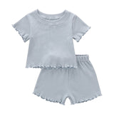 2Pcs Fashion New Toddler Summer Suit Solid Color Ribbed O-Neck Short Sleeves Tops+Elastic Waist Shorts Outfits for Girls Boys
