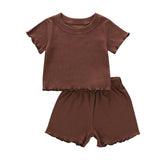 2Pcs Fashion New Toddler Summer Suit Solid Color Ribbed O-Neck Short Sleeves Tops+Elastic Waist Shorts Outfits for Girls Boys