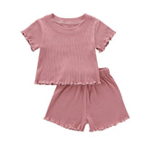 2Pcs Fashion New Toddler Summer Suit Solid Color Ribbed O-Neck Short Sleeves Tops+Elastic Waist Shorts Outfits for Girls Boys
