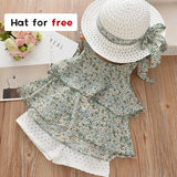 Bear Leader Girls Clothing Sets 2021 Summer Kids Clothes Floral Chiffon Halter+Embroidered Shorts Straw Children Clothing