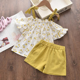 Bear Leader Girls Clothing Sets 2021 Summer Kids Clothes Floral Chiffon Halter+Embroidered Shorts Straw Children Clothing