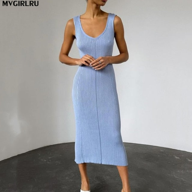 Mid-Calf Knitted Stripe Dresses